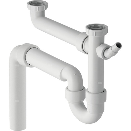 Syfon rurowy Geberit do dwóch zlewozmywaków, z łącznikiem kątowym wężyka, wylot pionowy: d=50mm, G=1 1/2″, Biały-alpin