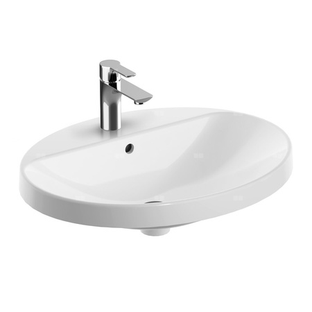 Umywalka GEBERIT Variform eliptyczna, biała, 600mm, otwór na baterię na środku, wpuszczana w blat, z odpływem przelewowym, półka od ściany