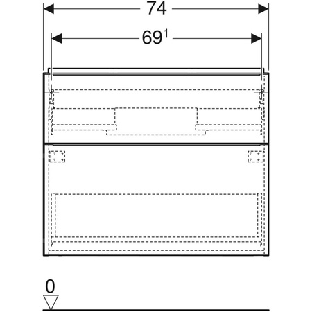 Szafka pod umywalkę Geberit iCon, z dwoma szufladami: Szerokość umywalki=75cm, Korpus i front: dąb / melaminowa struktura drewna, Uchwyt: lava / malowany proszkowo, matowy