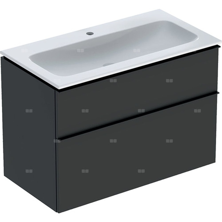 Zestaw umywalki meblowej Geberit iCon slim rim, z szafką pod umywalkę, z dwoma szufladami i zestawem odpływowo-przelewowym do umywalki: B=90cm, Umywalka: biały, Korpus i front: lava / lakierowany matowy, Uchwyt: lava / malowany proszkowo, matowy