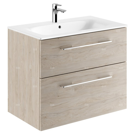 Zestaw umywalki meblowej Geberit Selnova Square, slim rim, z szafką pod umywalkę, z dwoma szufladami: B1=78.8cm, T=50.2cm, Otwór na baterię=Na środku, Przelew=Widoczny, Orzech włoski hickory jasny