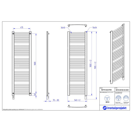 Grzejnik elektryczny (suszarka) INSTAL-PROJEKT RETTO ELECTRO, wym. 1800 (1905 z grzałką)/540 mm, kolor biały mat, moc 900 W