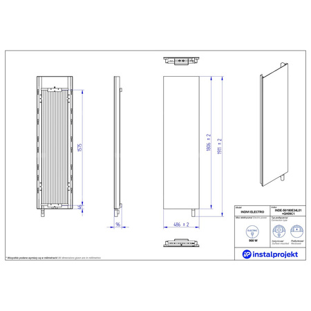 Grzejnik elektryczny (suszarka) INSTAL-PROJEKT Indivi Electro, wym. 1806 (1911 z grzałką)/486 mm,  moc 900 W