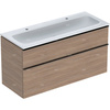 Zestaw umywalki meblowej Geberit iCon, slim rim, z szafką pod umywalkę, z dwoma szufladami i odpływowo-przelewowym do umywalki: B=120cm, Umywalka: biały, Korpus i front: dąb / melaminowa struktura drewna, Uchwyt: lava / malowany proszkowo, matowy