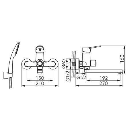 Bateria umywalkowa ścienna FERRO ISSO, chrom, z przyłączem natrysku