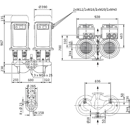 Pompa obiegowa WILO CronoTwin-DL-E 150/260-18,5/4-S1 typu in-line z silnikiem znormalizowanym 50/60 Hz, moc silnika 18.5kW 30.7 A 1450 obr/min, wlot Kołnierz DN 150