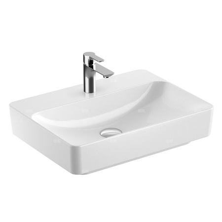 Umywalka GEBERIT Variform prostokątna, biała / KeraTect, 600mm, otwór na baterię na środku, stawiana na blat, bez odpływu przelewowego, półka od ściany