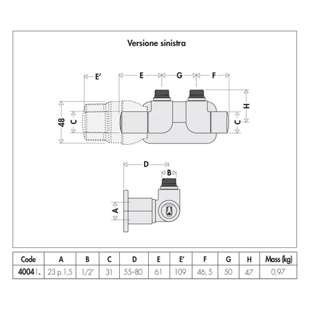 HIGH-STYLE para zaworów dekoracyjnych 3-osiowych. Przyłącze centralne. Wykonanie lewe. Wykończenie: chrom 1/2" 23 p. 1.5