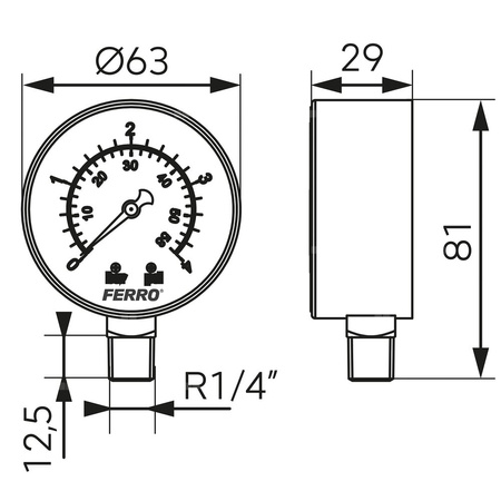 Manometr z rurką Bourdona FERRO 0/4 bar radialne 1/4'' fi 63 mm