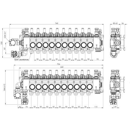 ProCalida CC 1 na 10 obiegów grzewczych, rotametry 0,75÷3,75 l/min