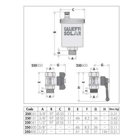 Odpowietrznik automatyczny CALEFFI do instalacji solarnych GZ mosiądz chromowany fi 3/8''