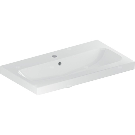 Umywalka GEBERIT iCon Light prostokątna, biała / KeraTect, 750mm, otwór na baterię na środku, z odpływem przelewowym, półka od ściany