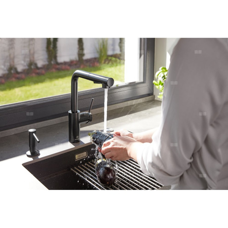 Bateria zlewozmywakowa stojąca KFA Armatura DUERO BASIC, kolor czarny, wyciągana wylewka i obrotowa wylewka 2 funkcyjna, obrotowy górny, wys. 301 mm