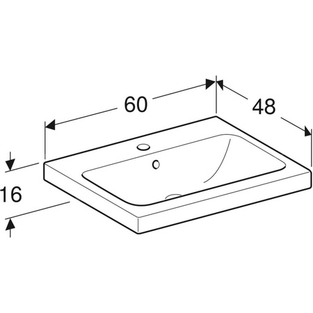 Umywalka GEBERIT iCon Light prostokątna, biała, 600mm, otwór na baterię na środku, z odpływem przelewowym, półka od ściany