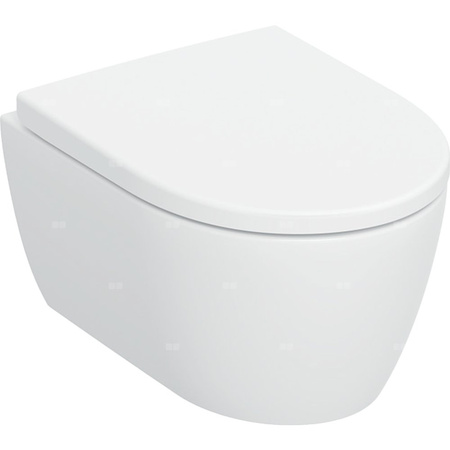 Zestaw wiszącej miski WC Geberit iCon, lejowa, krótka, ukryte mocowania, TurboFlush, z deską sedesową: T=49cm, Wolne opadanie=Tak, Zawiasy wypinane=Blokowane, Mocowanie=Od góry, Biały / Matowy