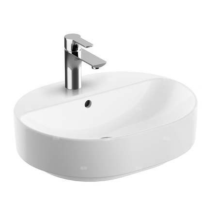 Umywalka GEBERIT Variform eliptyczna, biała / KeraTect, 500mm, otwór na baterię na środku, stawiana na blat, z odpływem przelewowym, półka od ściany