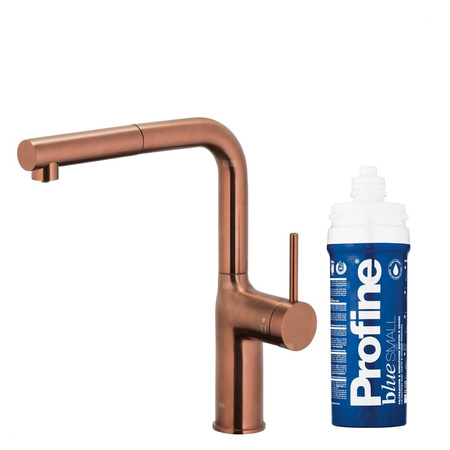 DUERO PURE MOVE PULL-OUT Bateria kuchenna z funkcją filtracji wody i wyciąganą wylewką, Brushed rose gold + Zestaw filtrujący PROFINE Blue S