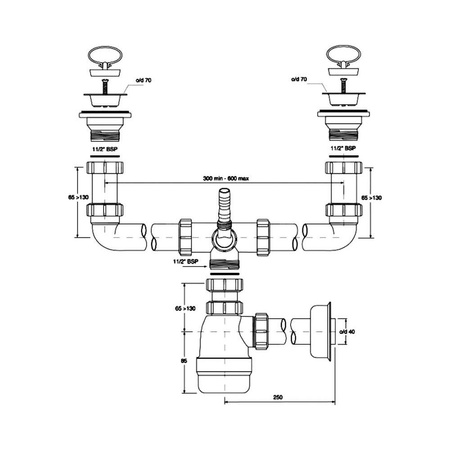 Syfon zlewozmywakowy butelkowy podwójny 11/2"X40mm z podłączeniem pralki lub zmywarki