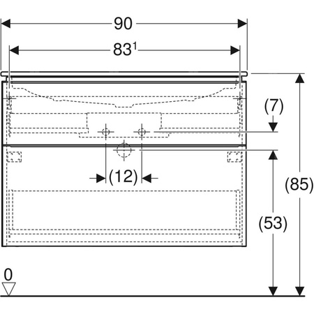 Zestaw umywalki meblowej Geberit iCon slim rim, z szafką pod umywalkę, z dwoma szufladami i zestawem odpływowo-przelewowym do umywalki: B=90cm, Umywalka: biały, Korpus i front: dąb / melaminowa struktura drewna, Uchwyt: lava / malowany proszkowo, matowy