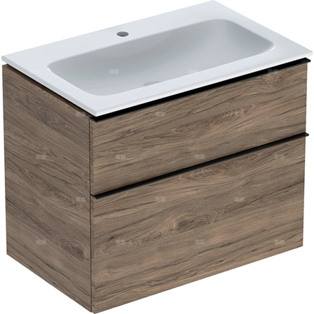 Zestaw umywalki meblowej Geberit iCon slim rim, z szafką pod umywalkę, z dwoma szufladami i zestawem odpływowo-przelewowym do umywalki: B=75cm, Umywalka: biały, Korpus i front: orzech hickory / melaminowa struktura drewna, Uchwyt: lava / malowany proszkow