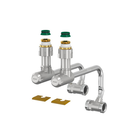 Zestaw przyłączeniowy grzejnikowy dwururowy FLAMCO MEIBES 3/4 cala zewnętrzne x 3/4 cala Eurokonus, rozstaw 50 mm, zawór kątowy (kąt prosty)