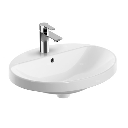 Umywalka GEBERIT Variform eliptyczna, biała, 550mm, otwór na baterię na środku, wpuszczana w blat, z odpływem przelewowym, półka od ściany