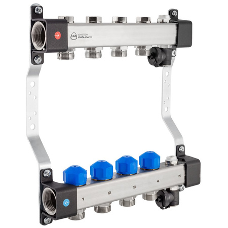 Rozdzielacz InoxFlow z zaworami do siłowników i zaworami regulacyjnymi (seria UVST) - 8 obwodów