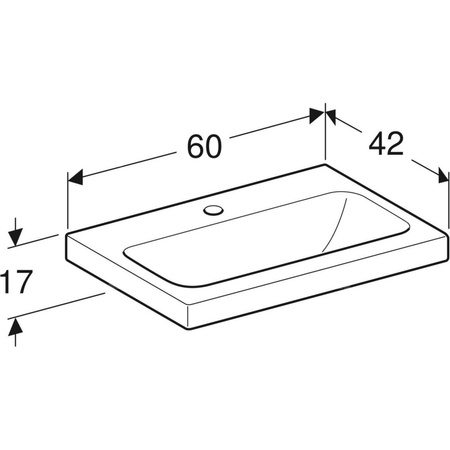Umywalka GEBERIT iCon Light prostokątna, biała, 600mm, otwór na baterię na środku, bez odpływu przelewowego, półka od ściany