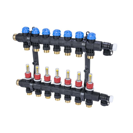 Rozdzielacz do ogrzewania podłogowego AFRISO ProCalida EF1 K 7-obieg. poliamid GZ 1'' x euroconus 3/4'' + przepływomierz + zawór napełn/spust