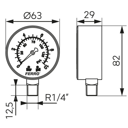 Manometr z rurką Bourdona FERRO 0/10 bar radialne 1/4'' fi 63 mm