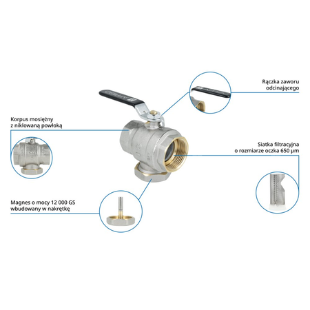 Zawór kulowy z filtrem siatkowym i magnesem BFV 253, GW G1 1/4''