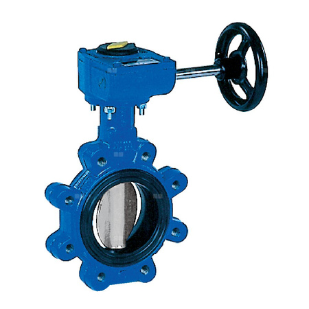 Przepustnica z otworami gwintowanymi SYLAX z przekładnią ślimakową, dysk: AISI316, wykładzina: EPDM, korpus: GGG40 epoksyd., Pnom 1,6 MPa, tmax=120 st.C DN100