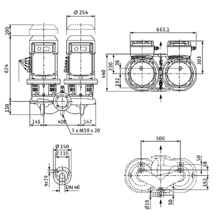 Pompa obiegowa WILO CronoTwin-DL-E 40/200-7,5/2-S1 typu in-line z silnikiem znormalizowanym 50/60 Hz, moc silnika 7.5kW 13.8 A 2900 obr/min, wlot Kołnierz DN 40