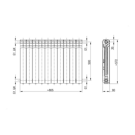 Grzejnik żeberkowy KFA Armatura G500F aluminium, podłączenie boczne 572 x 805 mm, kolor grafit (RAL 9007)