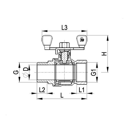 Zawór kulowy KFA Armatura mosiądz, PN 20 1'' GW x GZ, uchwyt: motylek