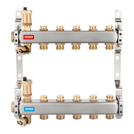 Rozdzielacz 7-drogowy (do systemów c.o. i c.w.u.) z zaworami odcinającymi obwody, stal nierdzewna