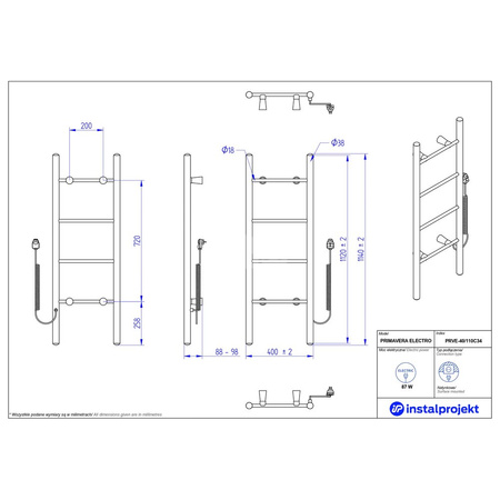Grzejnik elektryczny (suszarka) INSTAL-PROJEKT PRIMAVERA ELECTRO, wym. 1120/400 mm, kolor biały mat, moc 87 W