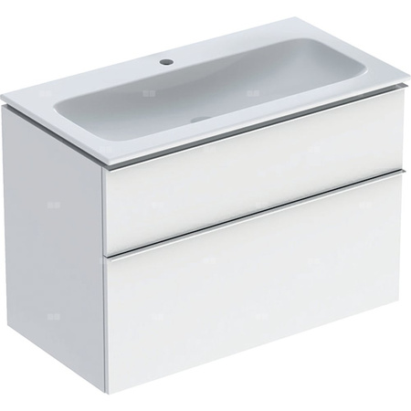 Zestaw umywalki meblowej Geberit iCon slim rim, z szafką pod umywalkę, z dwoma szufladami i zestawem odpływowo-przelewowym do umywalki: B=90cm, Umywalka: biały, Korpus i front: biały / lakierowany na wysoki połysk, Uchwyt: chromowany z połyskiem 
