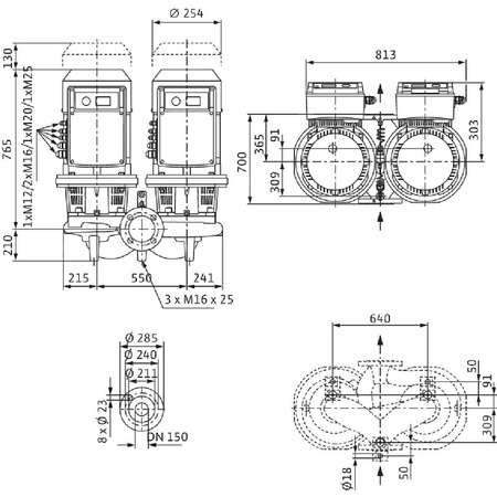 Pompa obiegowa WILO CronoTwin-DL-E 150/190-5,5/4 R1 IE4 typu in-line z silnikiem znormalizowanym 50/60 Hz, moc silnika 5.5kW 10.2 A 1450 obr/min, wlot Kołnierz DN 150