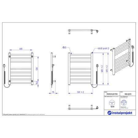 Grzejnik elektryczny (suszarka) INSTAL-PROJEKT VIKING ELECTRO, wym. 693/530 mm, kolor czarny mat,  moc 130 W