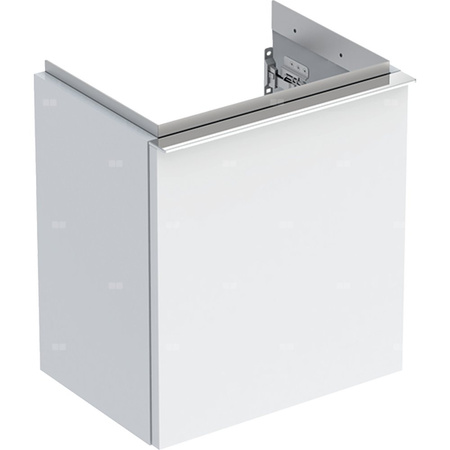 Szafka pod małą umywalkę Geberit iCon, z jednymi drzwiami: Szerokość umywalki=38cm, H=41.5cm, Drzwi=Zawias po lewej, Korpus i front: biały / lakierowany na wysoki połysk, Uchwyt: chromowany z połyskiem 