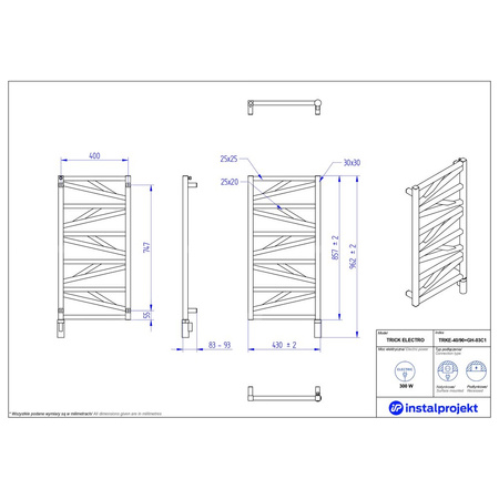 Grzejnik elektryczny (suszarka) INSTAL-PROJEKT TRICK ELECTRO, wym. 857 (962 z grzałką)/430 mm, kolor biały mat, moc 300 W