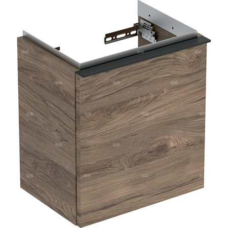 Szafka pod małą umywalkę Geberit iCon, z jednymi drzwiami: Szerokość umywalki=38cm, H=41.5cm, Drzwi=Zawias po lewej, Korpus i front: orzech hickory / melaminowa struktura drewna, Uchwyt: lava / malowany proszkowo, matowy