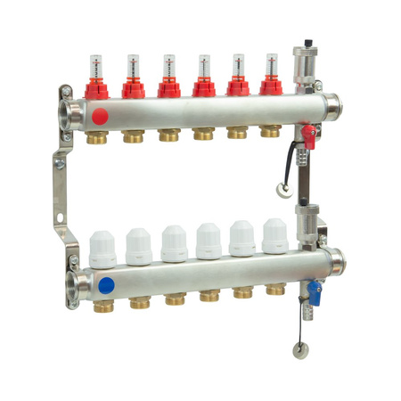PHA-127 5-obwodowy PN6 Rozdzielacz ze stali nierdzewnej  z odpowietrznikiem automatycznym do ogrzewania podłogowego