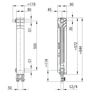 Grzejnik żeberkowy KFA Armatura G500F/D/1 aluminium, podłączenie dolne, lewe, proste 572 x 80 mm, kolor biały (RAL 9016)