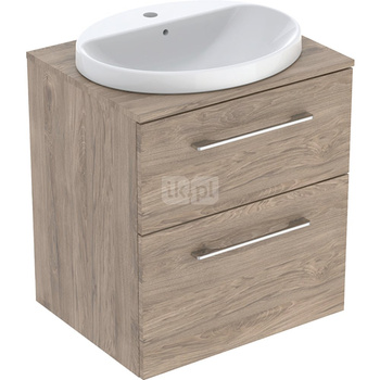 Zestaw szafki z blatem pod umywalkę Geberit Selnova Square, B59.1cm, H70.3cm, T50.2cm, z dwiema szufladami, orzech włoski hickory, z umywalką wpuszczaną w blat, z przelewem, z otworem na baterię