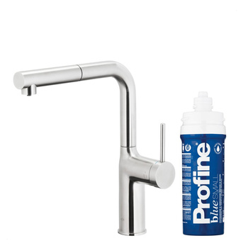 DUERO PURE MOVE PULL-OUT Bateria kuchenna z funkcją filtracji wody i wyciąganą wylewką, Stal nierdzewna + Zestaw filtrujący PROFINE Blue S