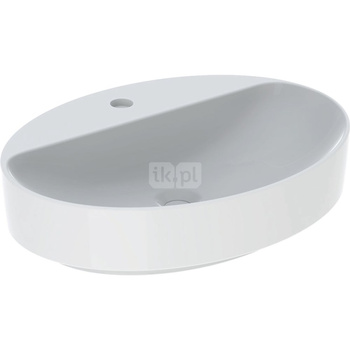 Umywalka GEBERIT Variform owalna, biała, 600mm, otwór na baterię na środku, stawiana na blat, bez odpływu przelewowego, półka od ściany