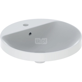 Umywalka GEBERIT Variform okrągła, biała, 480mm, otwór na baterię na środku, wpuszczana w blat, z odpływem przelewowym, półka od ściany