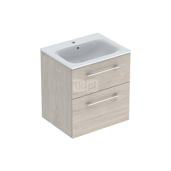 Zestaw umywalki meblowej Geberit Selnova Square, slim rim, z szafką pod umywalkę, z dwoma szufladami: B1=58.8cm, T=50.2cm, Otwór na baterię=Na środku, Przelew=Widoczny, Orzech włoski hickory jasny